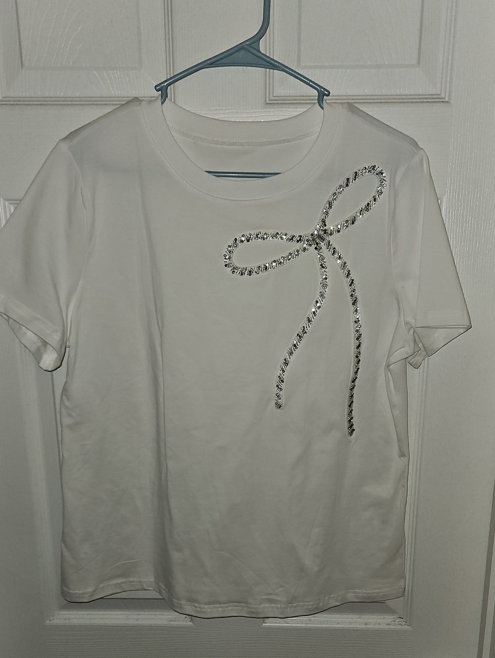 White Tee with Silver Jeweled Bow Accent